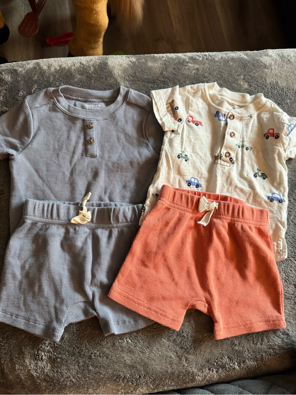 Carter's Waffle Knit Car Print Top with Gray and Coral Shorts
